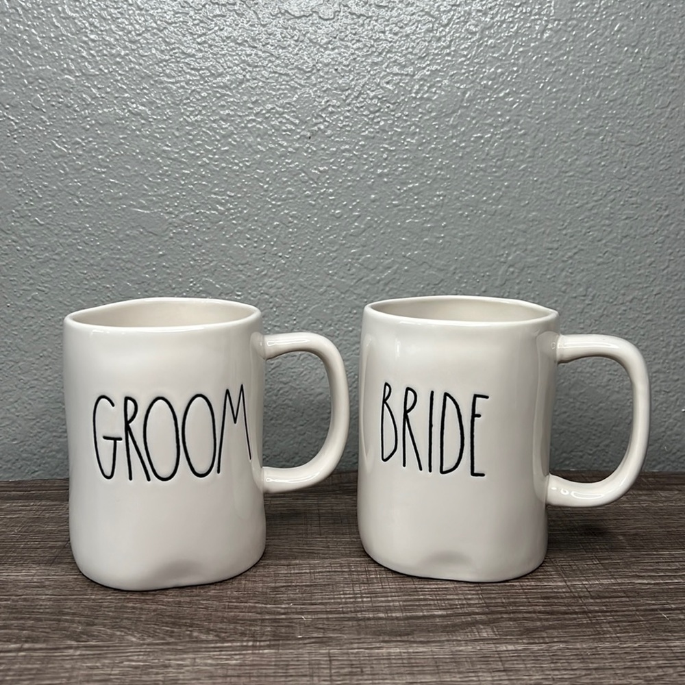 Rae Dunn Coffee Mug Set Bride & Groom White with Black Lettering